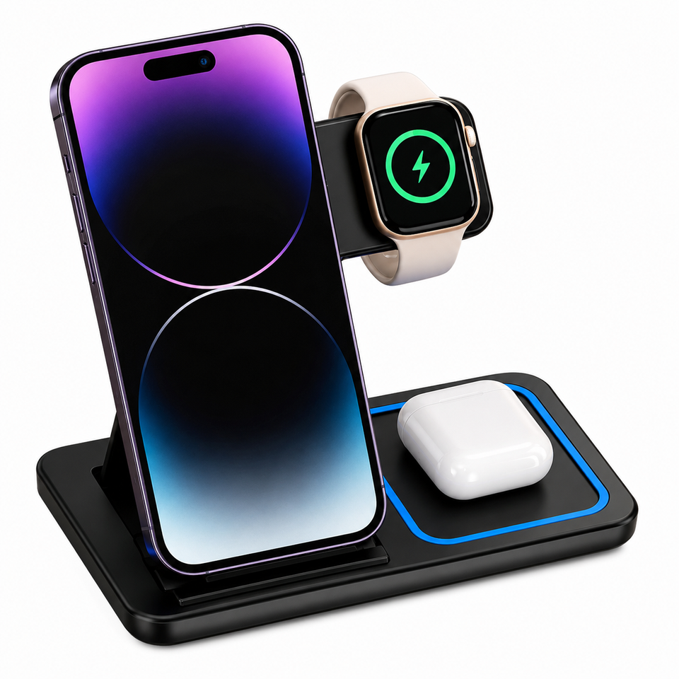Foldable 3-in-1 wireless charging station for Apple devices