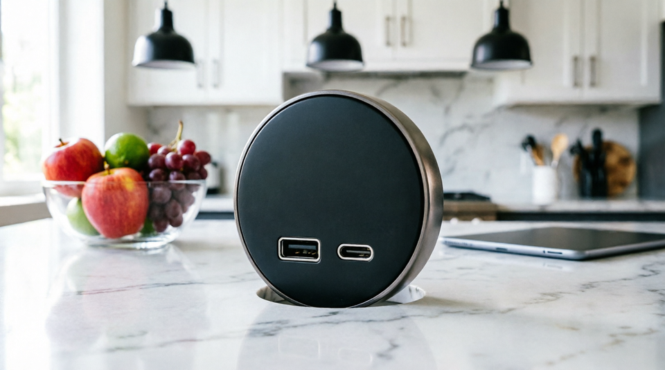 Hidden pop-up wireless charger for bedside tables and office furniture.