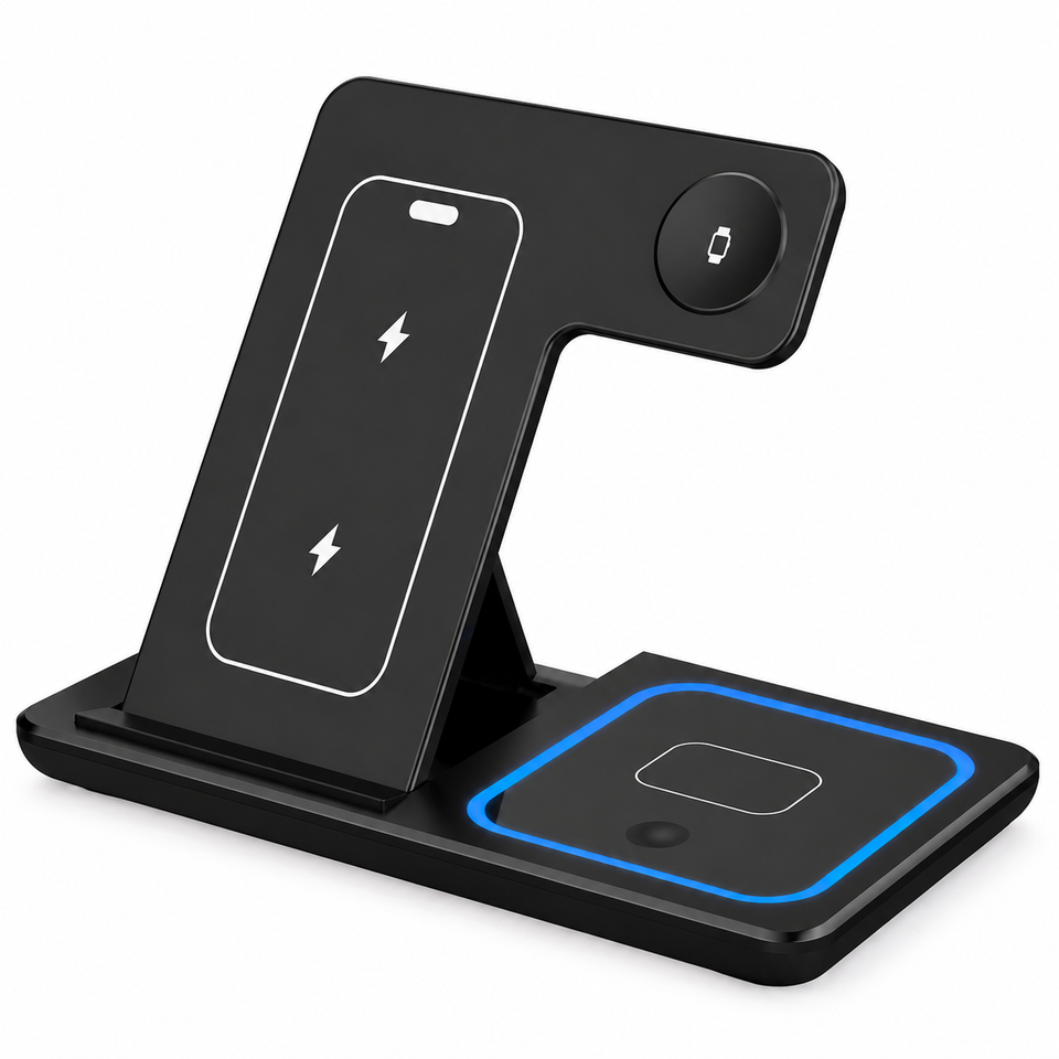 Travel-friendly wireless charging station with foldable design