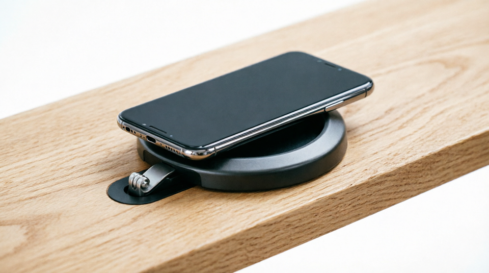 Space-saving desktop wireless charger for home office and nightstand organization.