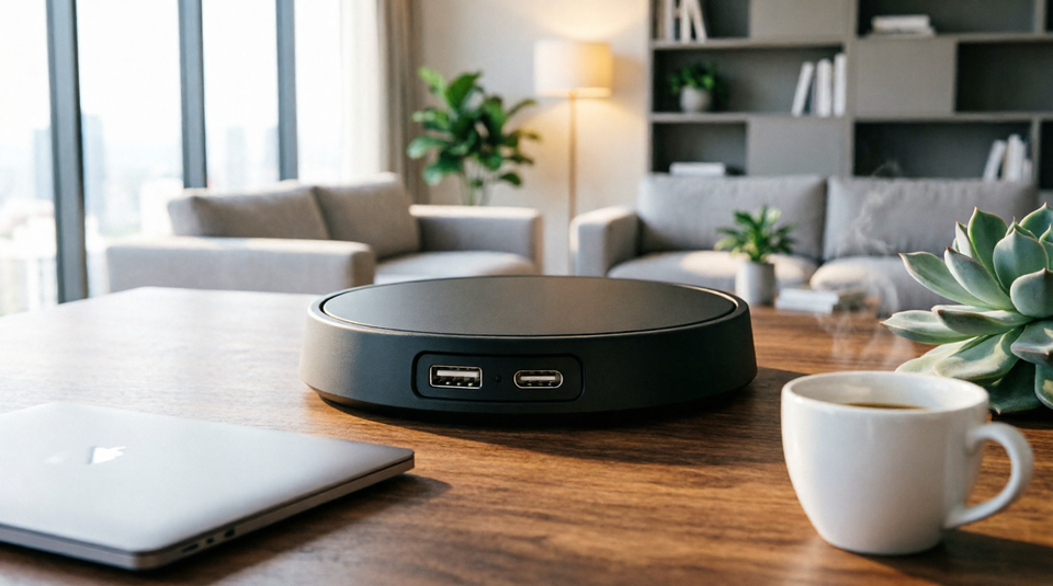 Fast Qi wireless charging pad built into a desktop with USB charging ports.